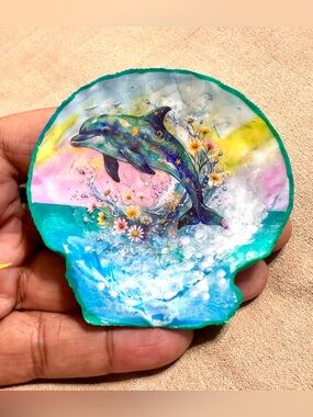 Hand Painted Magical Dolphin and Floral Seashell Art Display with Stand